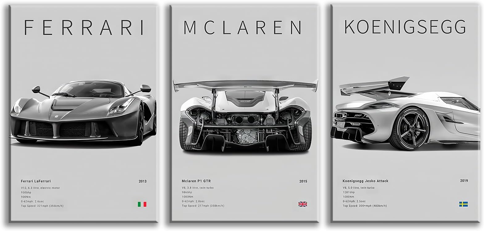 Car Poster Vintage Racing Car Wall Art Supercar Canvas Prints Painting For Men Room Pictures Guys Dorm Room Aesthetics Decor Bedroom Office (black and white car frame, 12x16in)