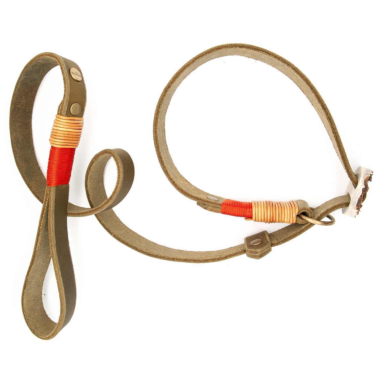 Retrieverleine Leder 20 mm in Oliv-Grün | Spiced Olive | Moxon-Leine mit außergewöhnlichem Horn-Zugstopp | robuste und edle Hundeleine aus hochwertigem Fettleder mit integrierter Halsung - 230 cm