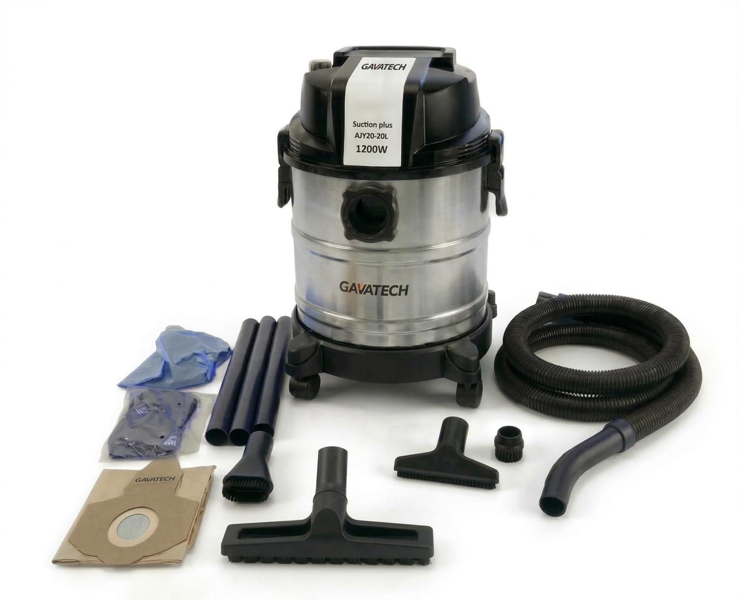 Aspiradora Multifunción,solidos y liquidos, 20L, 1250W, con 4 Cepillos y numerosos Accesorios. Aspiradora de humedo y seco. Funciona con Bolsa y sin Bolsa. Funcion de succion y de soplado.