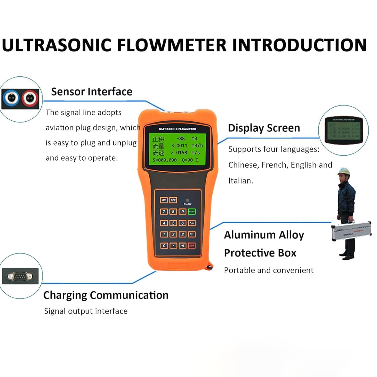 Medidor De Flujo UltrasóNico PortáTil, TUF-2000H, PrecisióN ±1% con Registrador De Datos, Medidor De Flujo De Agua LíQuida, Transductor EstáNdar, Rango De MedicióN DN15MM-100MM