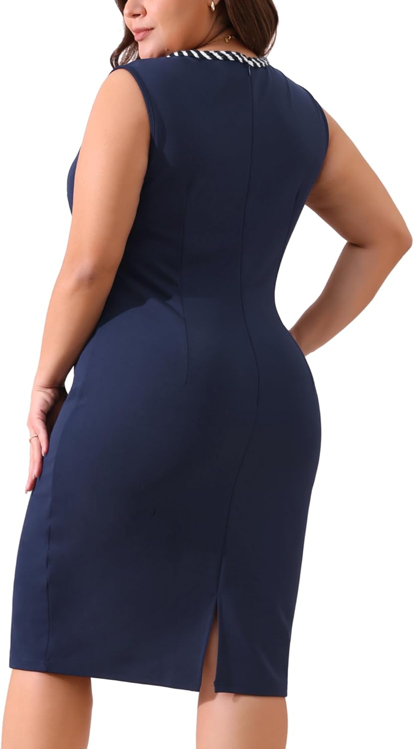 Agnes Orinda Plus Size Dress for Women Crew Neck Sleeveless Contrast Color Knit Trim Dual Pocket Wear to Work Office Dress