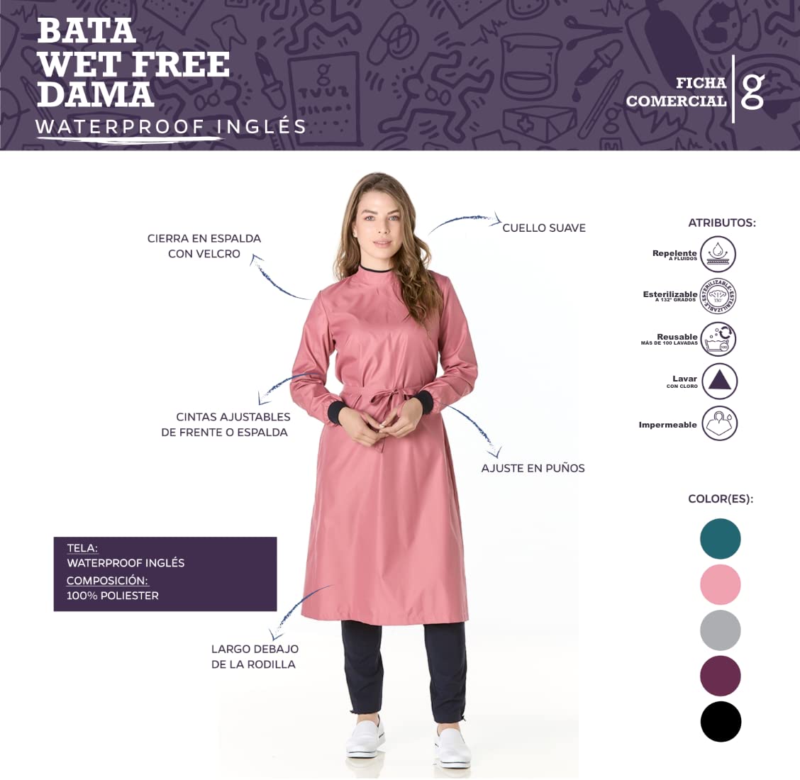 GALLANTDALE Bata Sanitaria De Trabajo Wet Free Mujer Impermeable Esterilizable Resistente EPI Reutilizable Médico Doctora Veterinario Cirugía