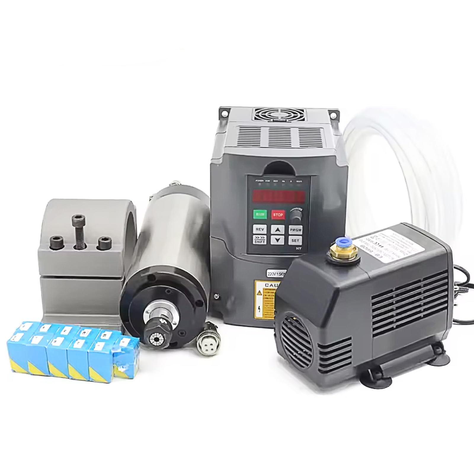 RATTMMOTOR CNC Spindelmotor Set,1.5KW 220V Wassergekühlter ER16 24000U/min | CNC Spindel Wassergekühlter Mit Frequenzumrichter,80mm Halterung+Wasserpumpe+Rohr+11 Stück ER16 Spannzangen für CNC Fräse ﻿