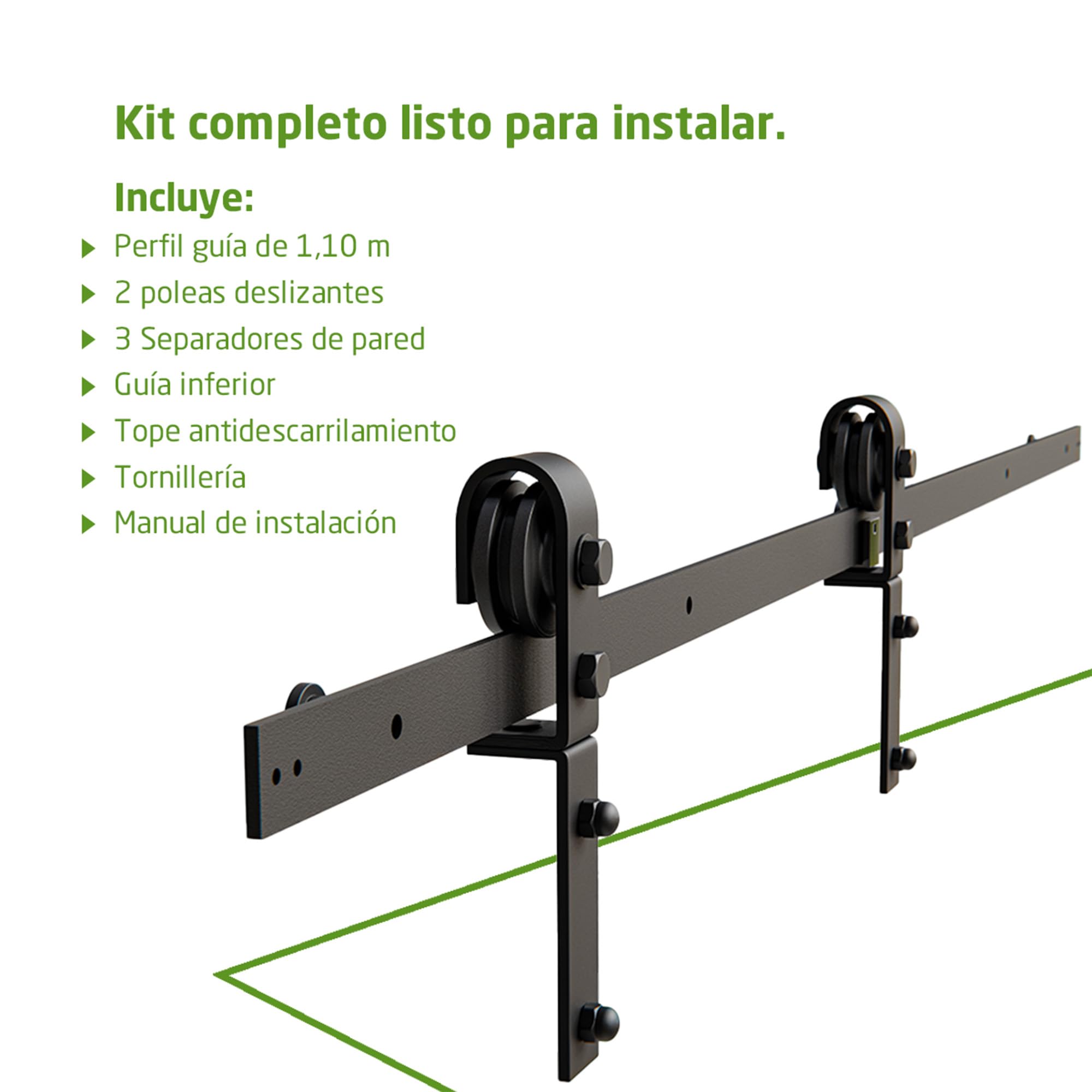 Amig - Kit puerta corredera plegable - Guía 110 cm acero negro - Resistencia hasta 40 kg - Estable y compacto - Deslizamiento silencioso y estable - Mod. SD006