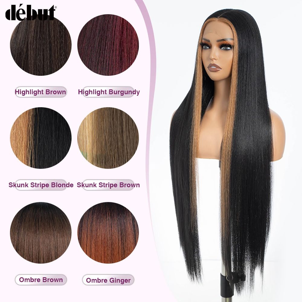 DÉBUT 36 Inches Light Yaki Straight Lace Front Wigs Super Long Synthetic Hair Wig 13x4x0.5 Middle Part Natural Hairline with Baby Hair Skunk Stripe 1B Blonde Wig for Women