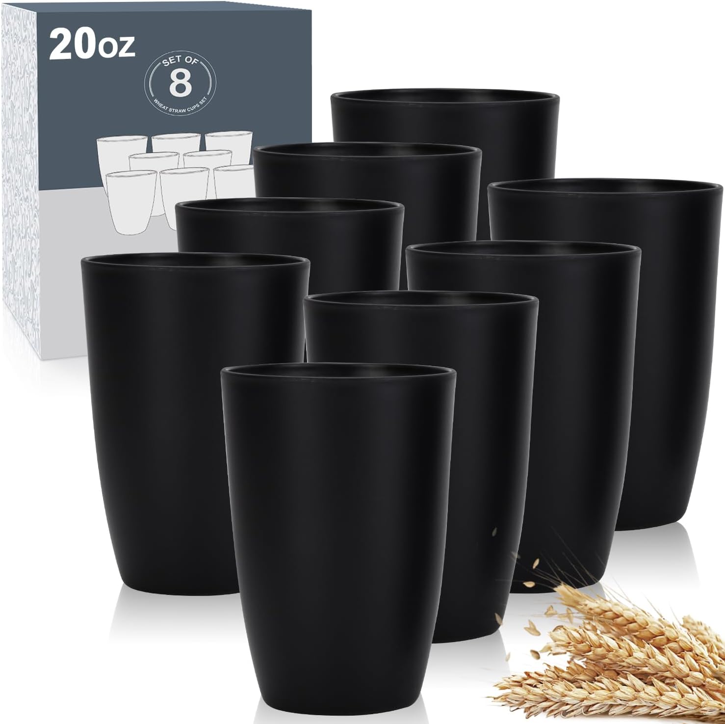 Wrova Wheat Straw Cups Set of 8 Good Alternative to Plastic Cups 20 oz Unbreakable Drinking Cup Reusable Tumbler Dishwasher Safe Water Glasses Black