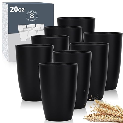 Wrova Wheat Straw Cups Set of 8 Good Alternative to Plastic Cups 20 oz Unbreakable Drinking Cup Reusable Tumbler Dishwasher Safe Water Glasses Black - 20 Ounces - Black