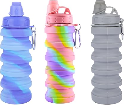 3 Pack of Collapsible Sports Water Bottles for Kids, Adults, Students, Reusable Silicone Foldable Water Bottles for Travel Camping Hiking, Pink, Purple and Gray