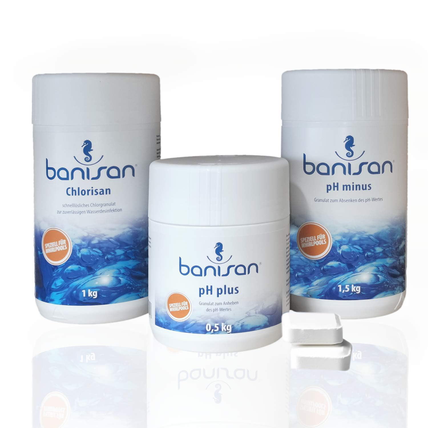 Sparset Chlorisan Chlorgranulat pH-Plus Granulat + Banisan pH-Minus Wasserpflege für Whirlpools SwimSpa Wasserpflege Set