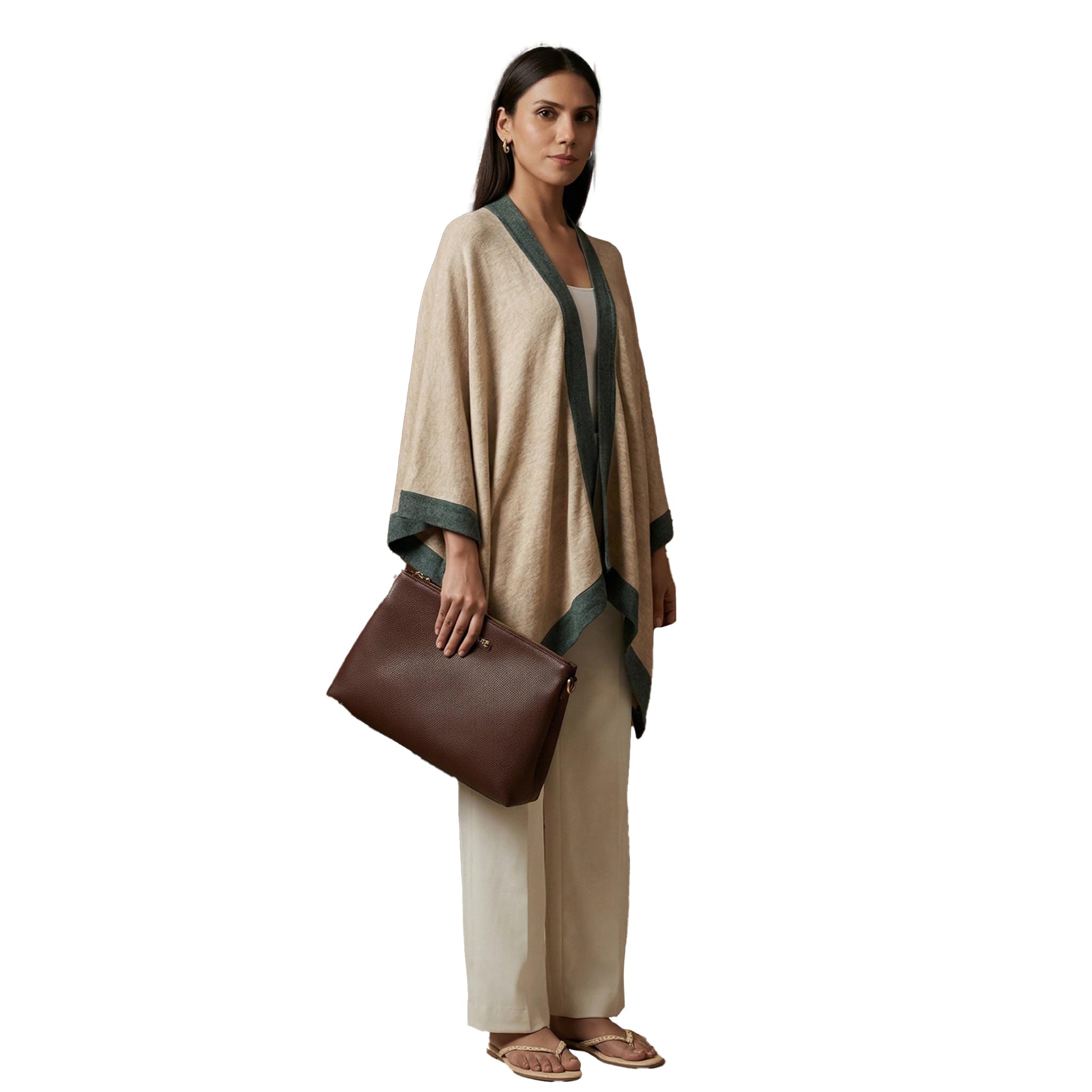 Beige and Grey Long Knitted Cashmere Cape-image-28