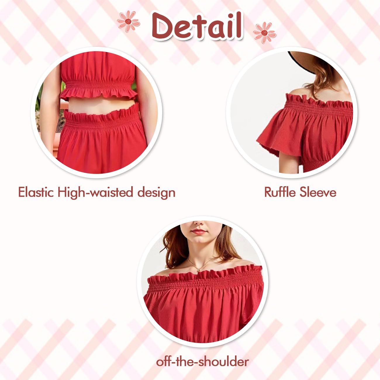 Completo Estivo Bambina, Top con Spalle Scoperte, Maniche con Volant e Vita Stretta + Pantaloni Elasticizzati a Vita Alta e Gamba Larga, Abbigliamento Bambina, Rosso 8-12 Anni