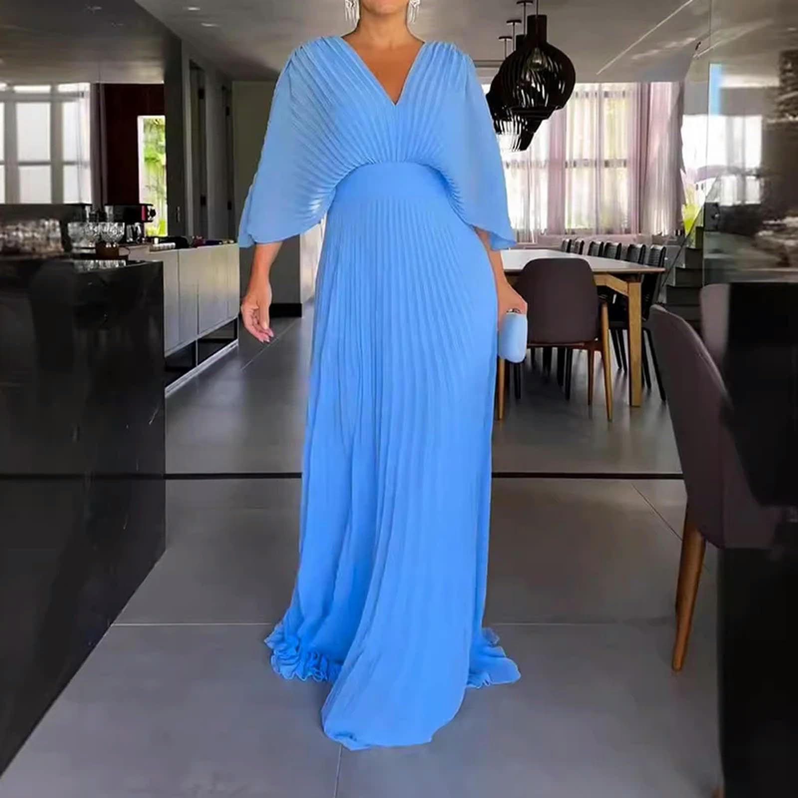 Vrouwen Casual 3/4 Mouwen Effen Gewaad Jurken Zomer Holle Backless Geplooide Lange Jurk Elegante V-hals Hoge Taille Avondjurk