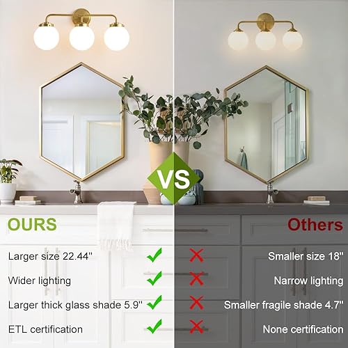 Miniatura 4 de Lámparas doradas para tocador de baño, aplique de pared de latón moderno de 3 luces con pantalla de bola de vidrio lechoso, iluminación de tocador