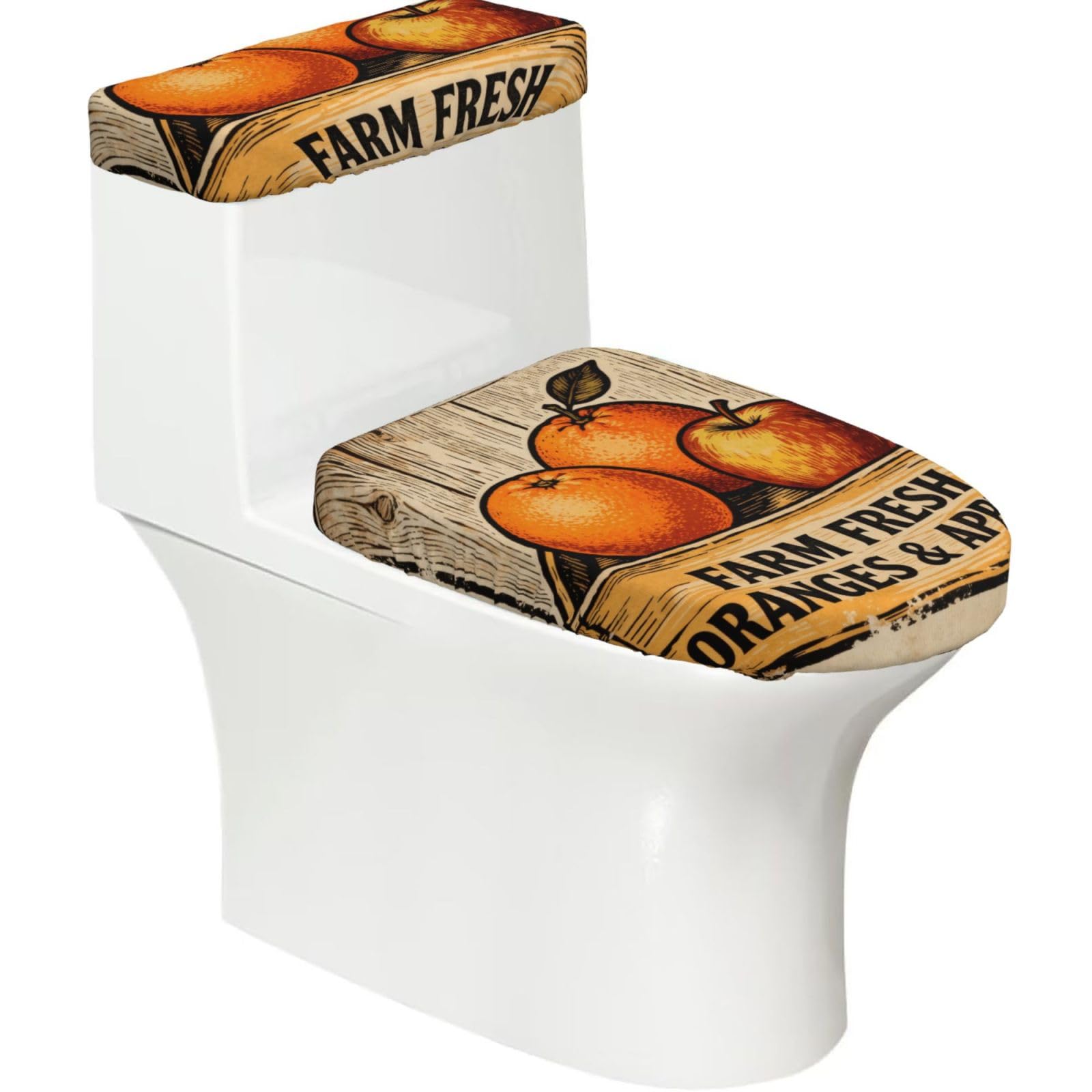 Cntdbu Black Vintage Fruit Label Stretchy Toilet Lid And Tank Cover Set-Soft Elastic Bathroom Decor For U Shape Oval