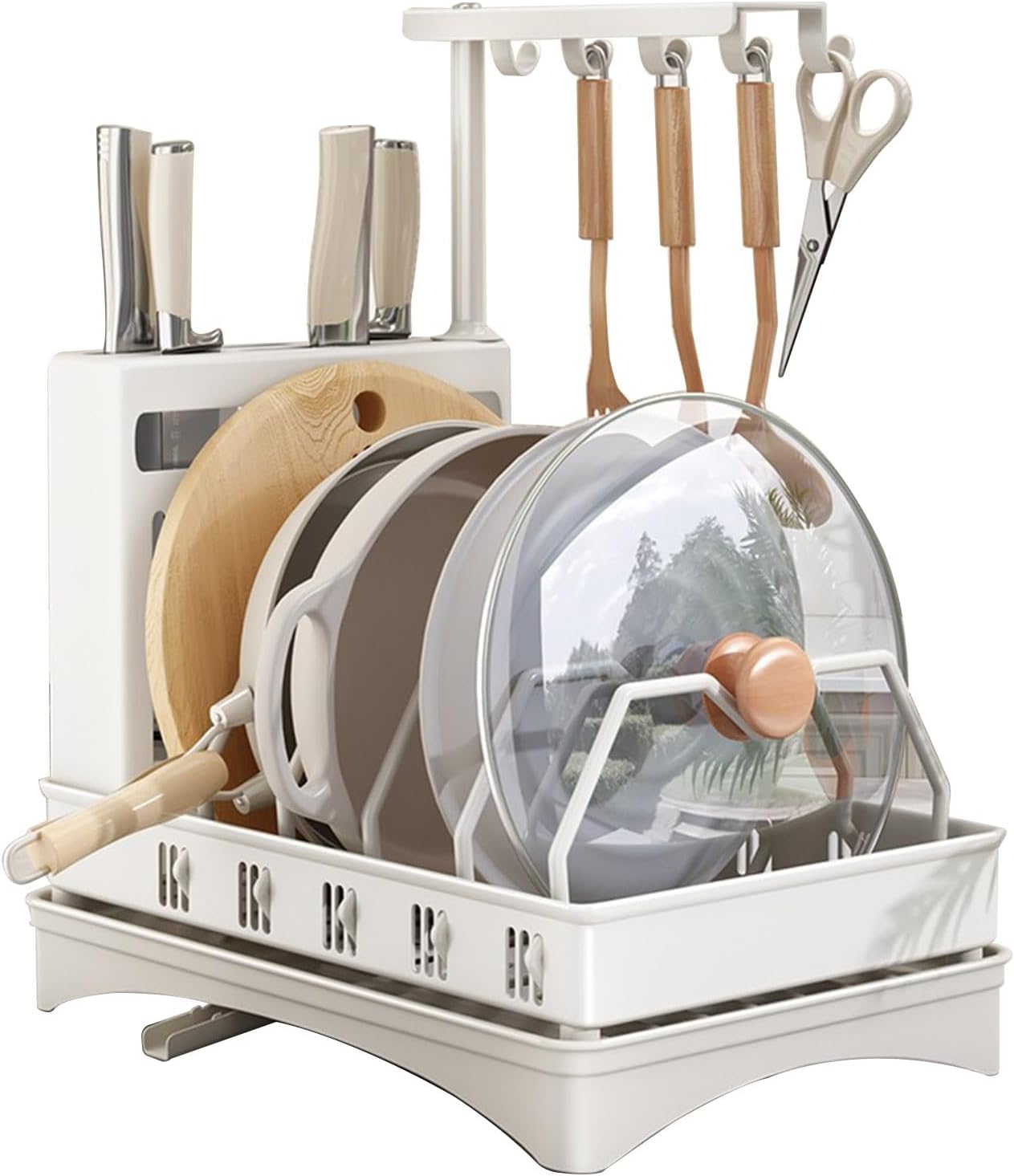 TemkIN Adjustable Pot and Pan Organizer Rack for Cabinet, with Knife Rack & Integrated Hooks, Carbon Steel Pot Lid Holders with Drainage System, Cookware Stand, White