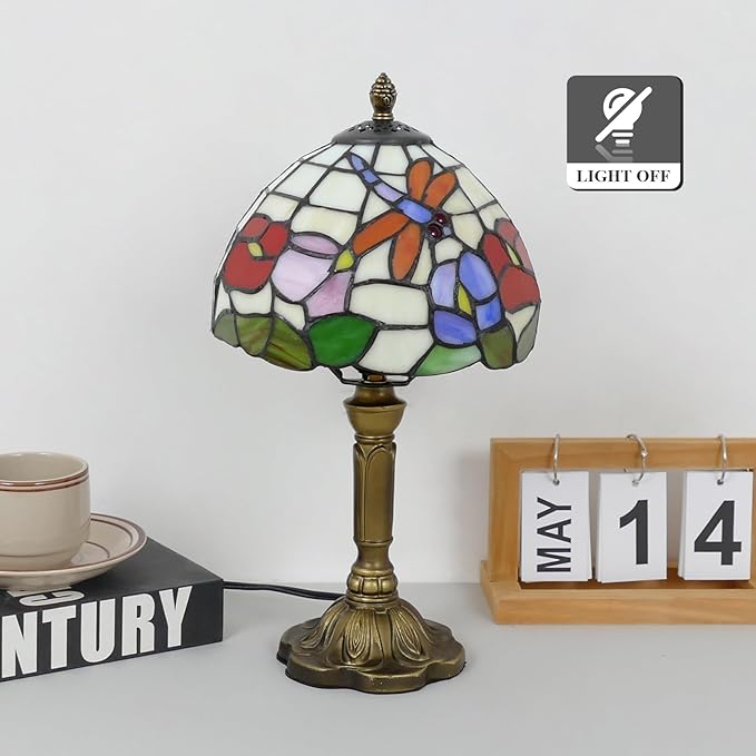 VirtueKing Tiffany Table Lamp Beautiful Dragonfly and Flower Style Lamp Handmade Stained Glass Desk Lamps Gifts Resin Base 14.2" Tall Vintage Reading Lamp for Office,Living Room, Bedroom, Study Room photo 3