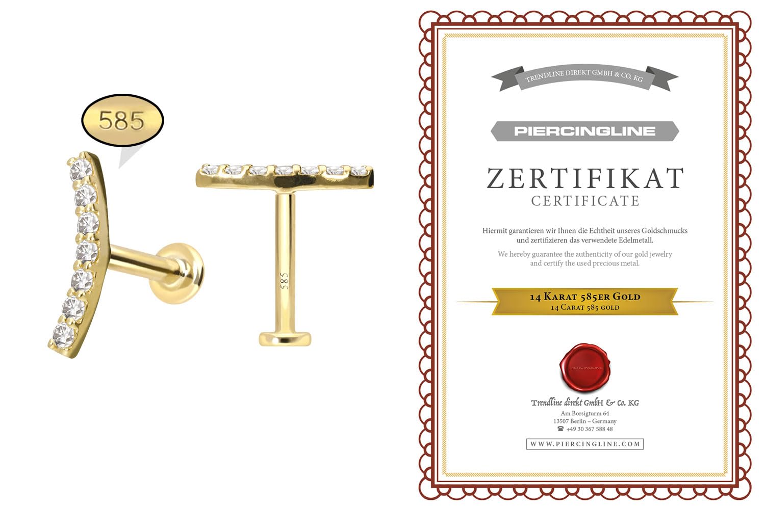 PIERCINGLINE 14 Karat Gold Labret Ohr-Piercing mit Push Fit MOISSANIT-BOGEN 0,042 kt Farb & Größenauswahl