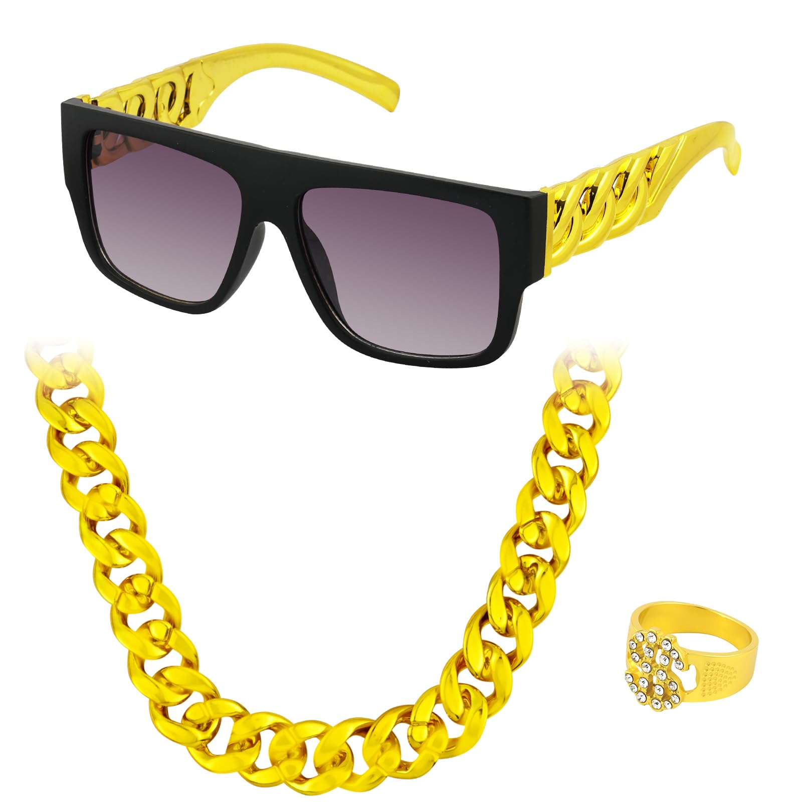 BSBUY 3 Pcs Hip Hop Costume Set 80s 90s Hip Hop Fancy Dress Rapper Fancy Dress Accessories Gold Digger Accessories with Fake Gold Chain Necklace Disco Dollar Sign Ring Sunglasses for Men Women Kids