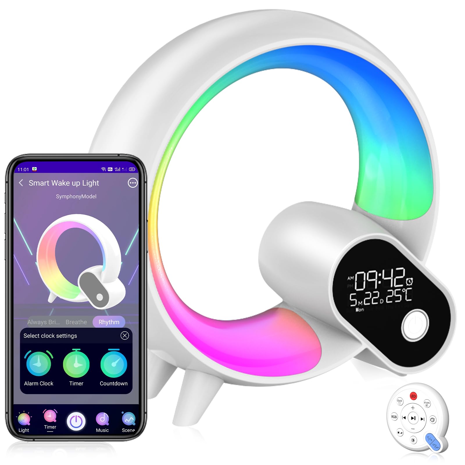 VanSmaGoSunrise Alarm Clock, Baby Sleep Sound Machine for Sleeping/Kids/Adults, Smart Sunrise Simulation Night Lights with 15 Soothing Sounds, APP, RC, Timer, Temp, Bedside Lamp, Bluetooth Speaker