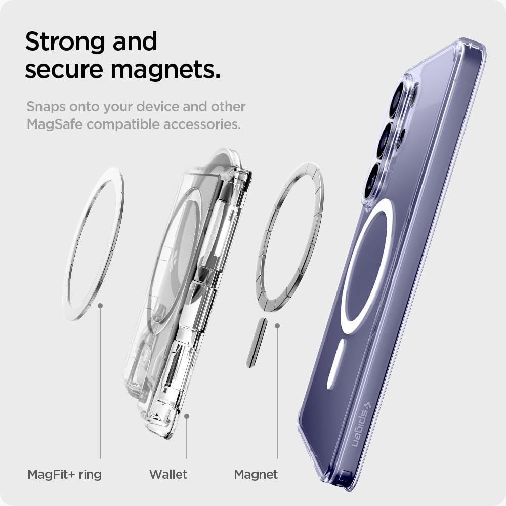 Spigen Ultra Hybrid MagFit+ Porte-Cartes magnétique 3 Cartes Anneau métallique Compatible Samsung Galaxy S26 S25 Edge Z Fold 7 Transparent