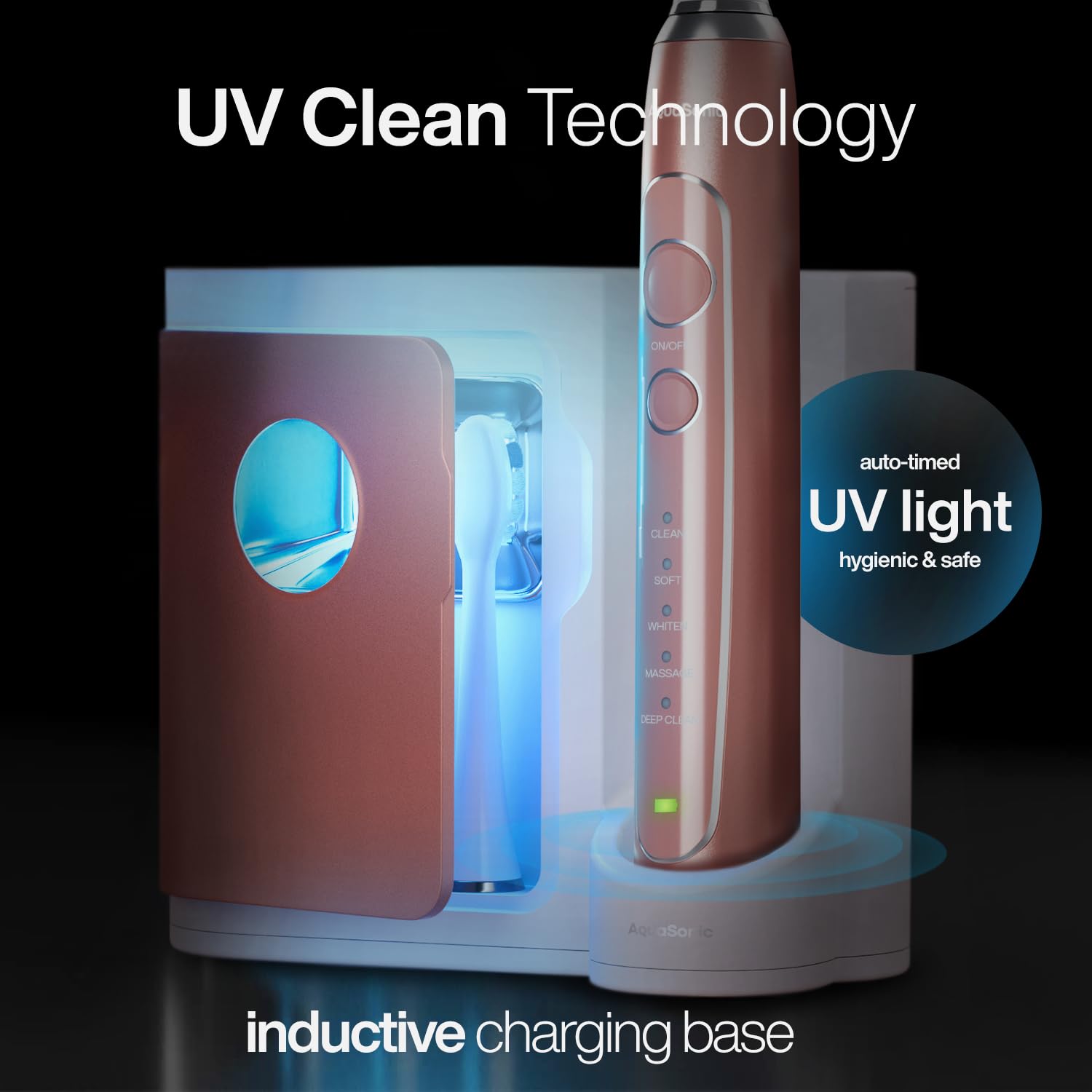 Aquasonic Vibe Series PRO – Brosse à dents électrique ultra blanchissante – 5 modes et minuteurs intelligents – Base désinfectant UV – Accepté ADA (or rose)