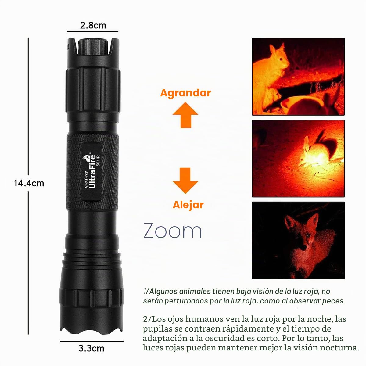 Ultrafire Linterna Luz Roja 620-630 nm Luz de Caza Roja con Regulación Continua de Intensidad, Linterna Roja de Caza de Enfoque Ajustable para Visión Nocturna, Observaciones Astronómicas