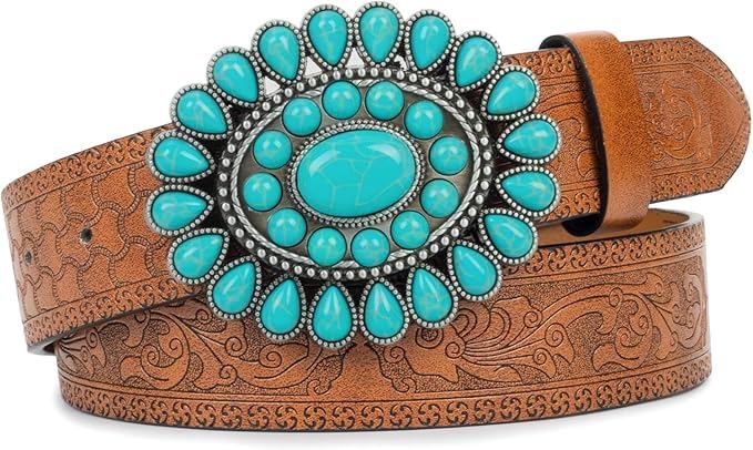 Women Turquoise-Western-Belt Floral-Engraved-Cowgirl-Belt PU-Leather Waist-Belt for Jeans Pants Dresses