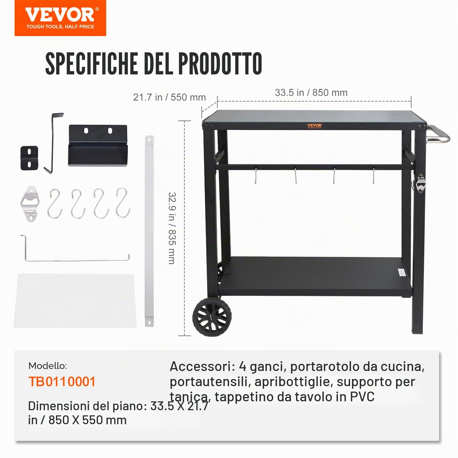 VEVOR Carrello da Pranzo per BBQ da Esterno con Doppio Ripiano, Tavolo Mobile Preparazione degli Alimenti per Barbecue, Piano Multifunzionale in Ferro Pieghevole, Carrelli da Esterno 1000x640x835mm