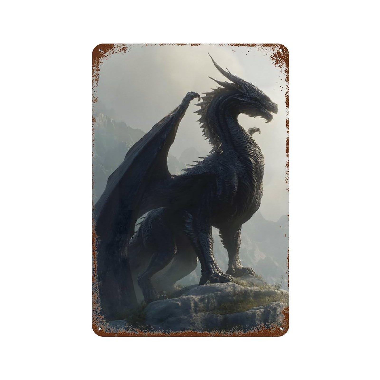 Majestic Dragon Perched on Mountain Peak Rusty Metal Tin Sign 11.8"x7.9", Rustic Home Decor for Living Room, Hallway And Home Decor