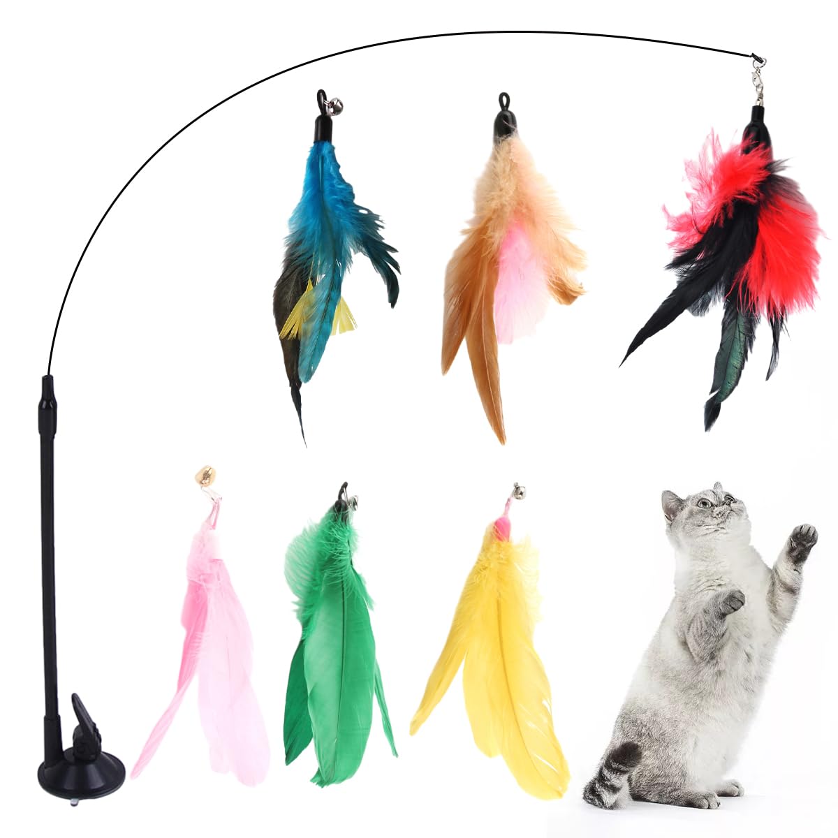 Juguetes Gatos, 7 Piezas Juguete Interactivo con Plumas para Gatos, Juguete Gato con Ventosa, 1 Taza de Super succión, 1 Varas de Teaser de Gato y 6 Pluma con Campana, para Ejercitar Gatos y Gatitos