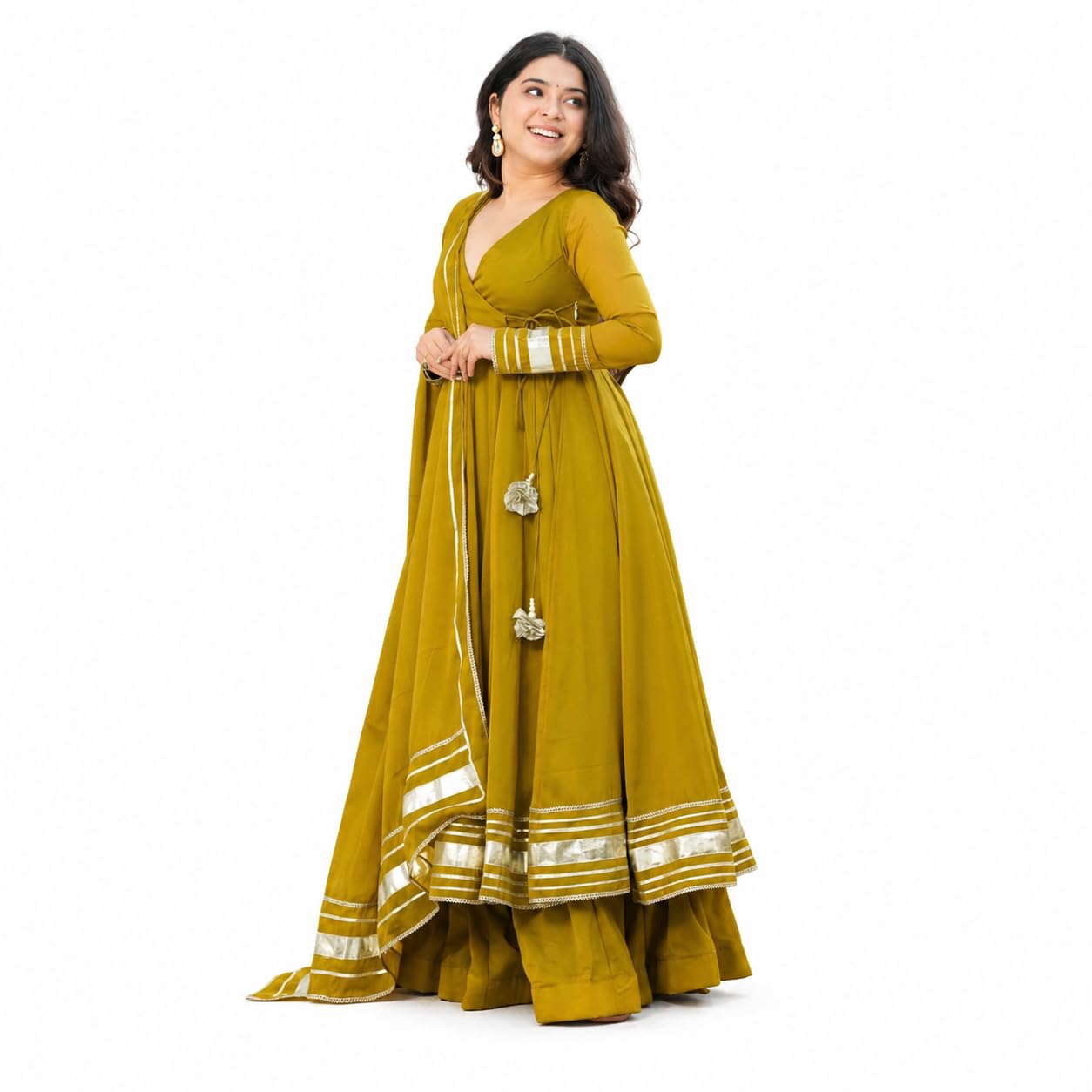 sworny fashion Women's Mustard Yellow Angrakha Anarkali Suit with Gota Patti Work - Soft Faux Georgette 12 Kali Flair Kurta with Plazo & Dupatta-picture-33