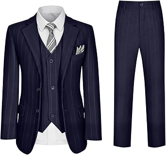 Boys Pinstripe Suit 5 Pieces Notch Lapel Formal Wedding Outfit Set