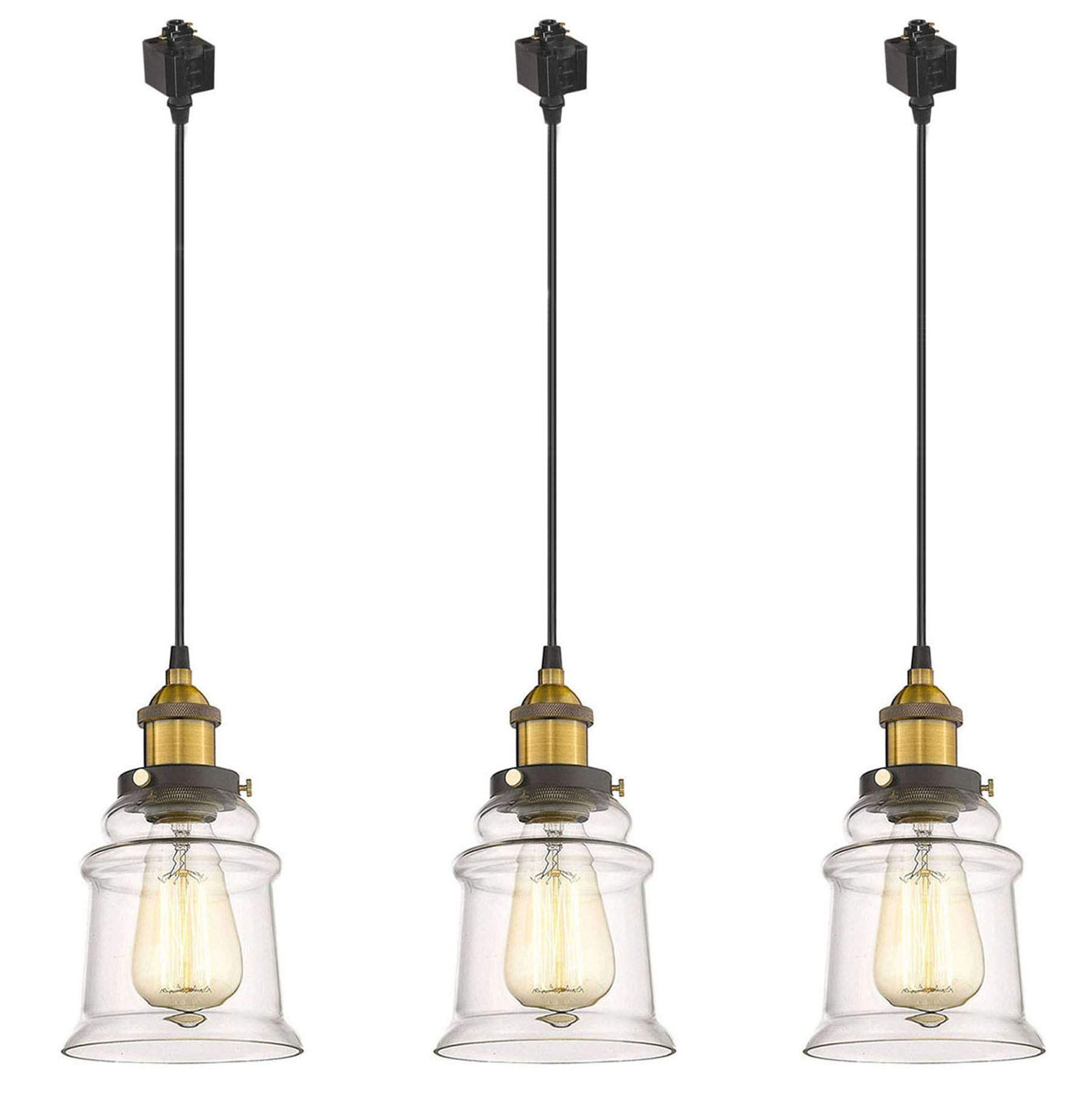 Kiven 3 Light H Track Fixtures,Rustic Chandeliers Industrial Pendant Ceiling Light with 3 Pieces Clear Glass Bell Light Shade,Dimmable