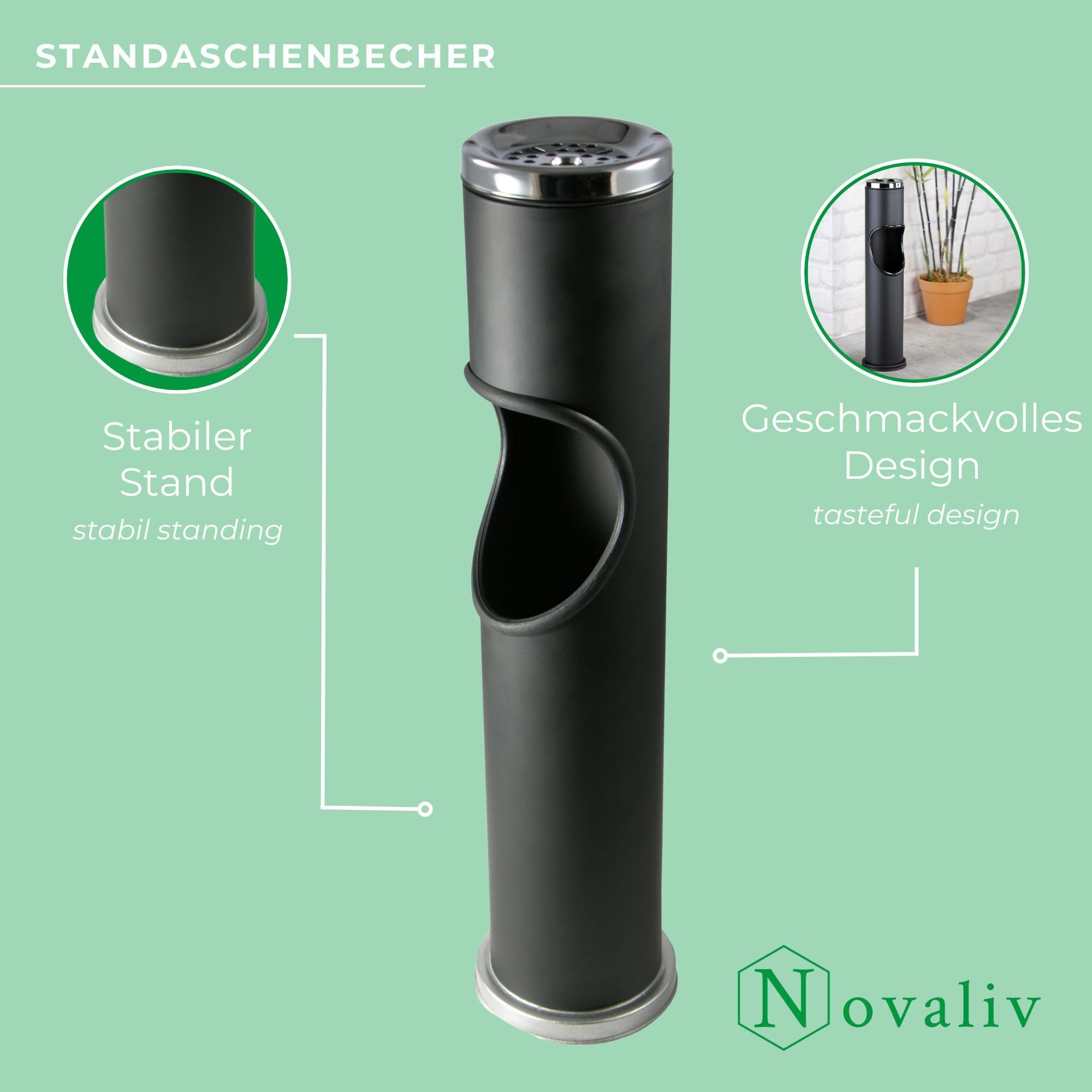 Novaliv 2 ceniceros de pie para exteriores, color negro, 46,5 cm de alto, 9,5 cm de diámetro, 2 en 1 para residuos de basura y cigarrillos, para exteriores, cubo de basura con cenicero, soporte para
