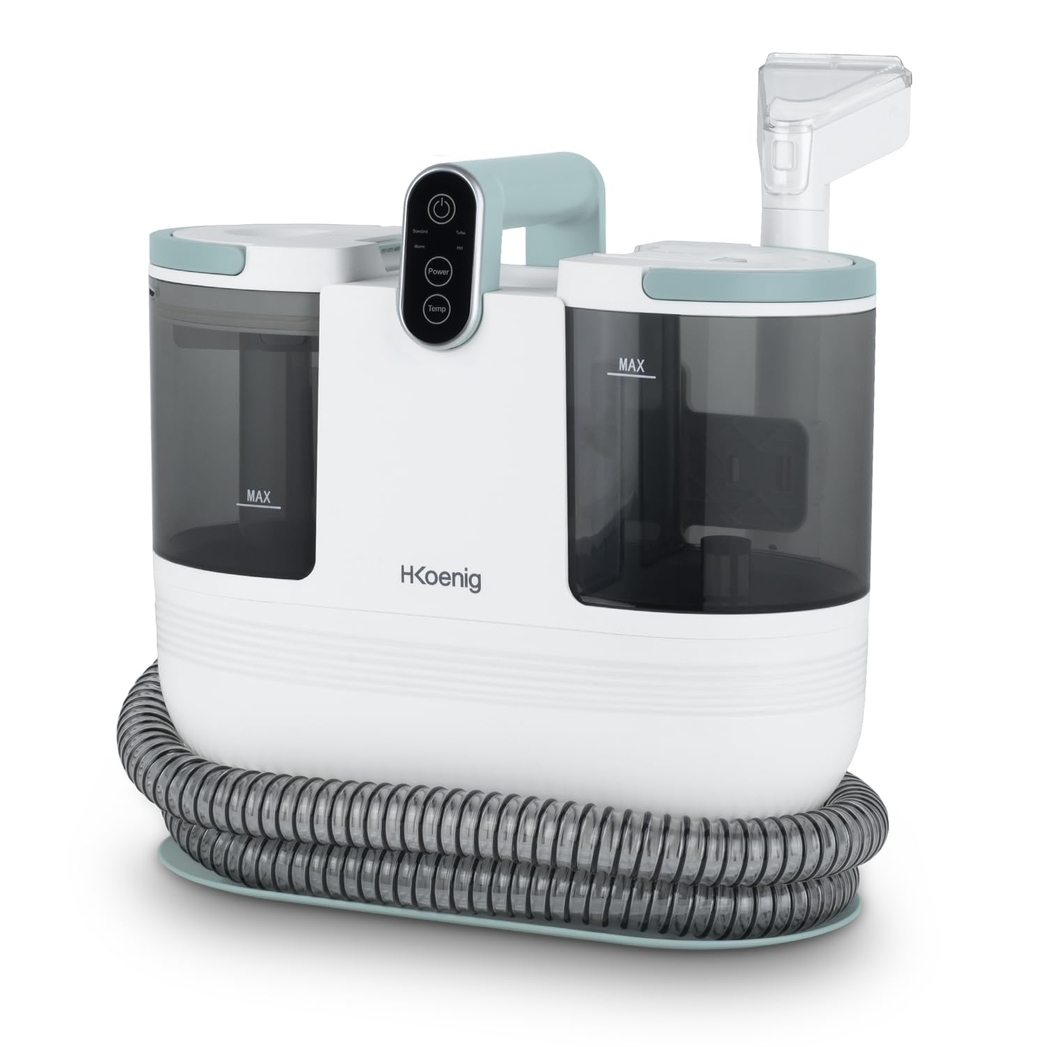 H.Koenig Nettoyeur Textile à Main Eau Chaude TWT88, Double Réservoir 1600mL et 950mL, Débit d'Eau 255mL/min, Température jusqu'à 60°C, 2 Niveaux d'Aspiration, 1200W