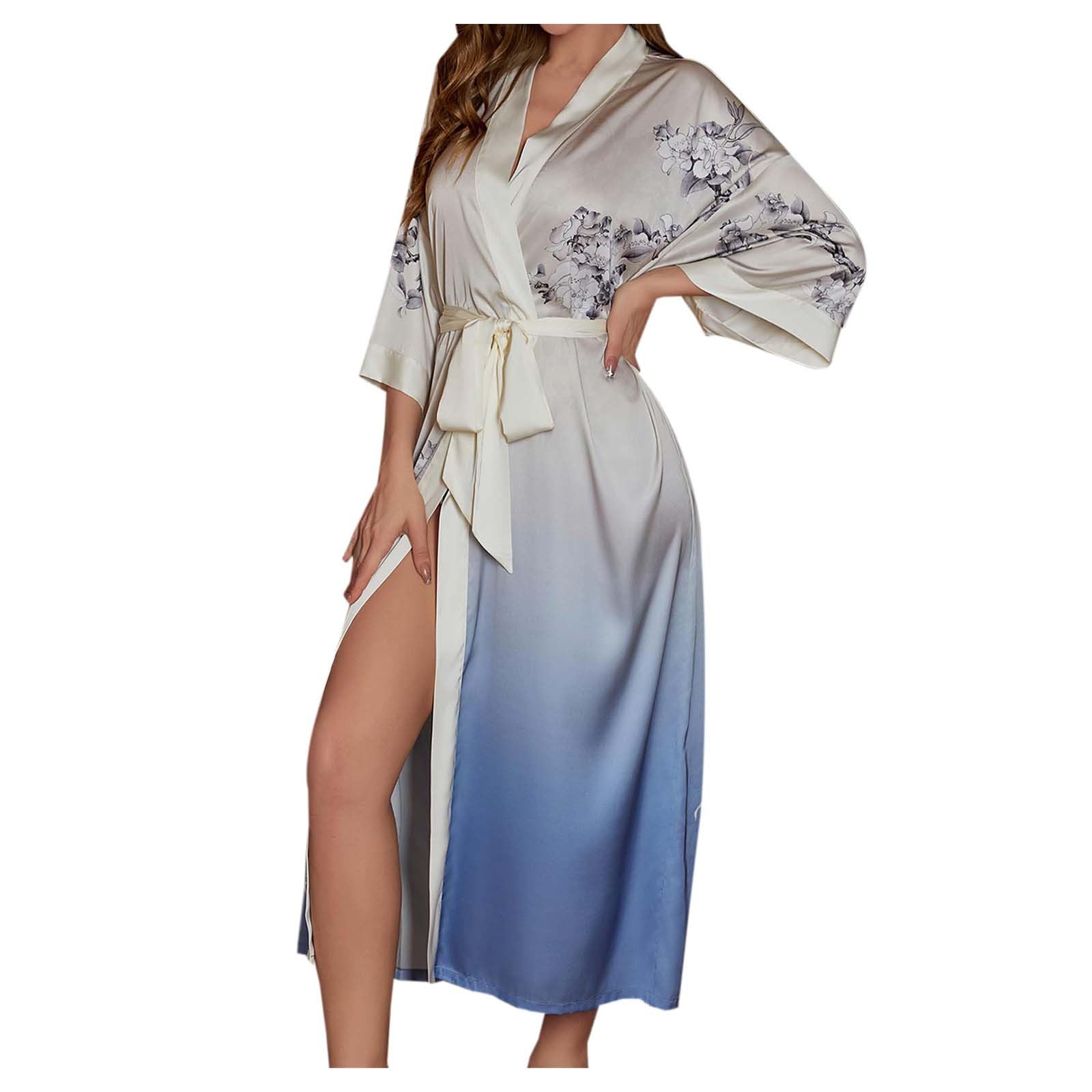 Generisch Lussuoso kimono da donna in raso con motivo floreale e maniche a 3/4, accappatoio, biancheria da notte