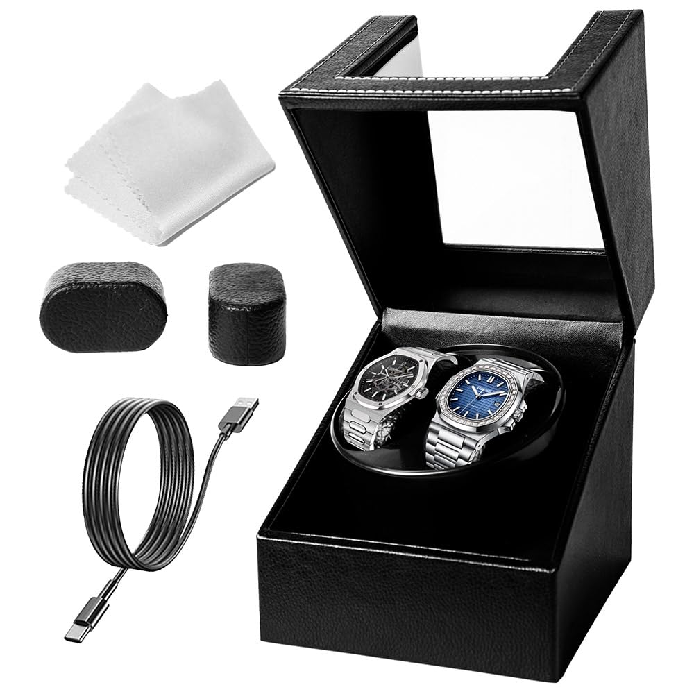Double Automatic Watch Winder, Watch Winders for 2 Watches with Quiet Motor, Soft Flexible Watch Pillow,1 Rotation Modes USB Cable(Black-LED PU Leather）