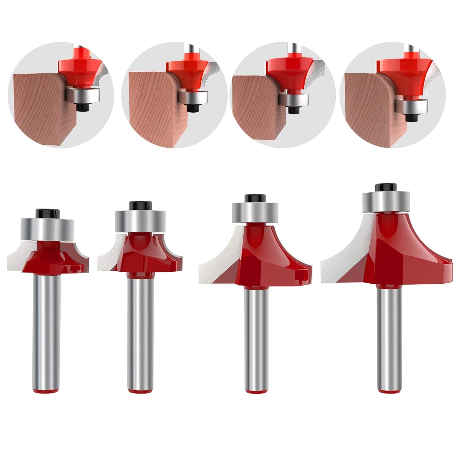 Wееklу Tор Sаlе ROOCBIT Roundover Edging Router Bit Set Woodworking Milling Cutter Tools (1/8 1/4 3/8 1/2 Radius 4Pcs) 1/4 Inch Shank