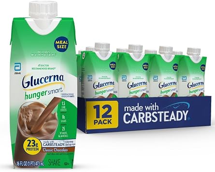 Glucerna Hunger Smart Meal Size Diabetes Care Shake, Classic Chocolate, Diabetic Meal Replacement to Support Blood Sugar Management, 23g Protein, 250 Calories, Ready to Drink, 16-fl-oz Bottle, 12 Pack
