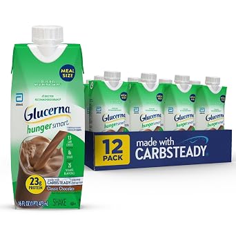 Glucerna Hunger Smart Meal Size Diabetes Care Shake, Classic Chocolate, Diabetic Meal Replacement to Support Blood Sugar Management, 23g Protein, 250 Calories, Ready to Drink, 16-fl-oz Bottle, 12 Pack