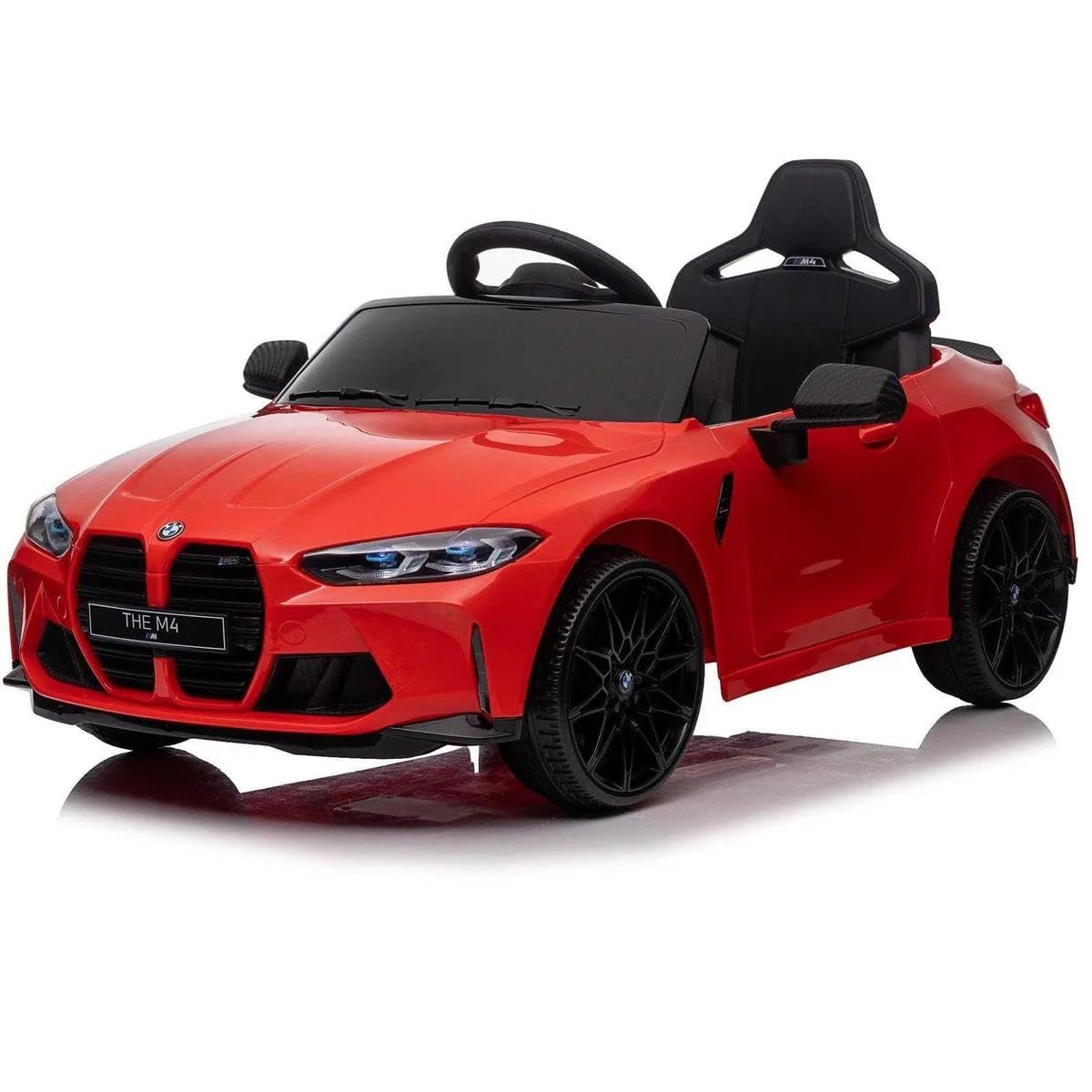 FINOOS Coche eléctrico para niños BMW M4 12V Coche Eléctrico Infantil con Mando a Distancia 2.4Ghz, Asiento de Piel y Ruedas de Goma, 1-4 Años (Rojo)