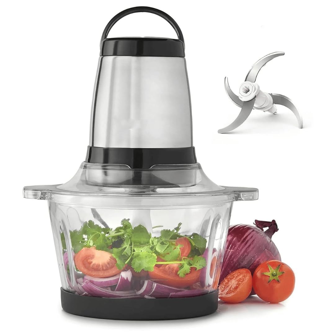 ROYALTY LINE, Tritatutto Multifunzione 300W RLMCE3003418, Ciotola in Acciaio Inox da 1,8 L, 2 Velocità, 4 Lame Affilate, Ideale per Carne, Verdura e Frutta, Facile da Pulire, Design ergonomico
