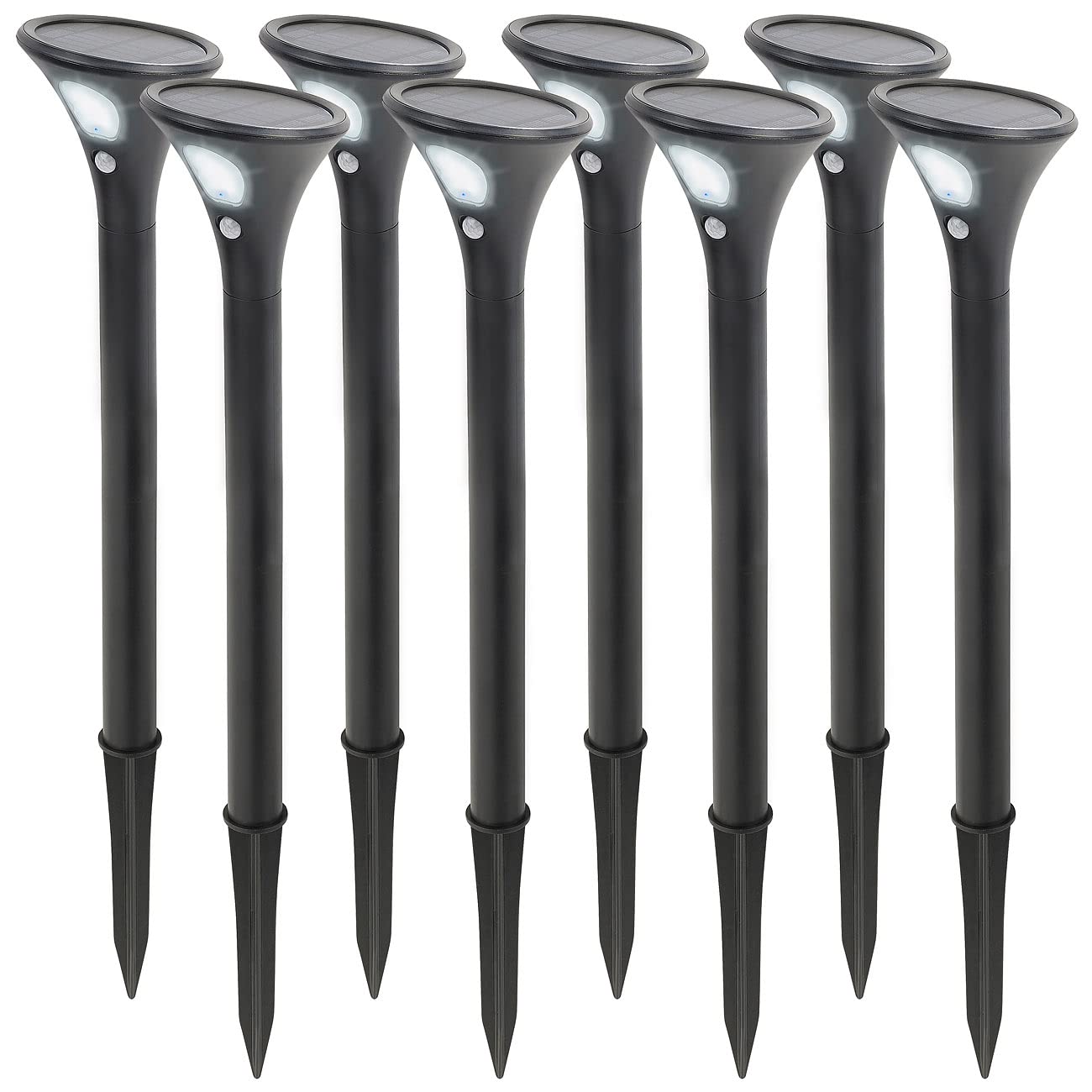 Lunartec Solarleuchten Gehwege: 8er-Set Design-Solar-Wegeleuchten, Licht- & Bewegungssensor, kaltweiß (Solar-Wegeleuchte Bewegungsmelder, Sensor-Gartenleuchten, Alarm)