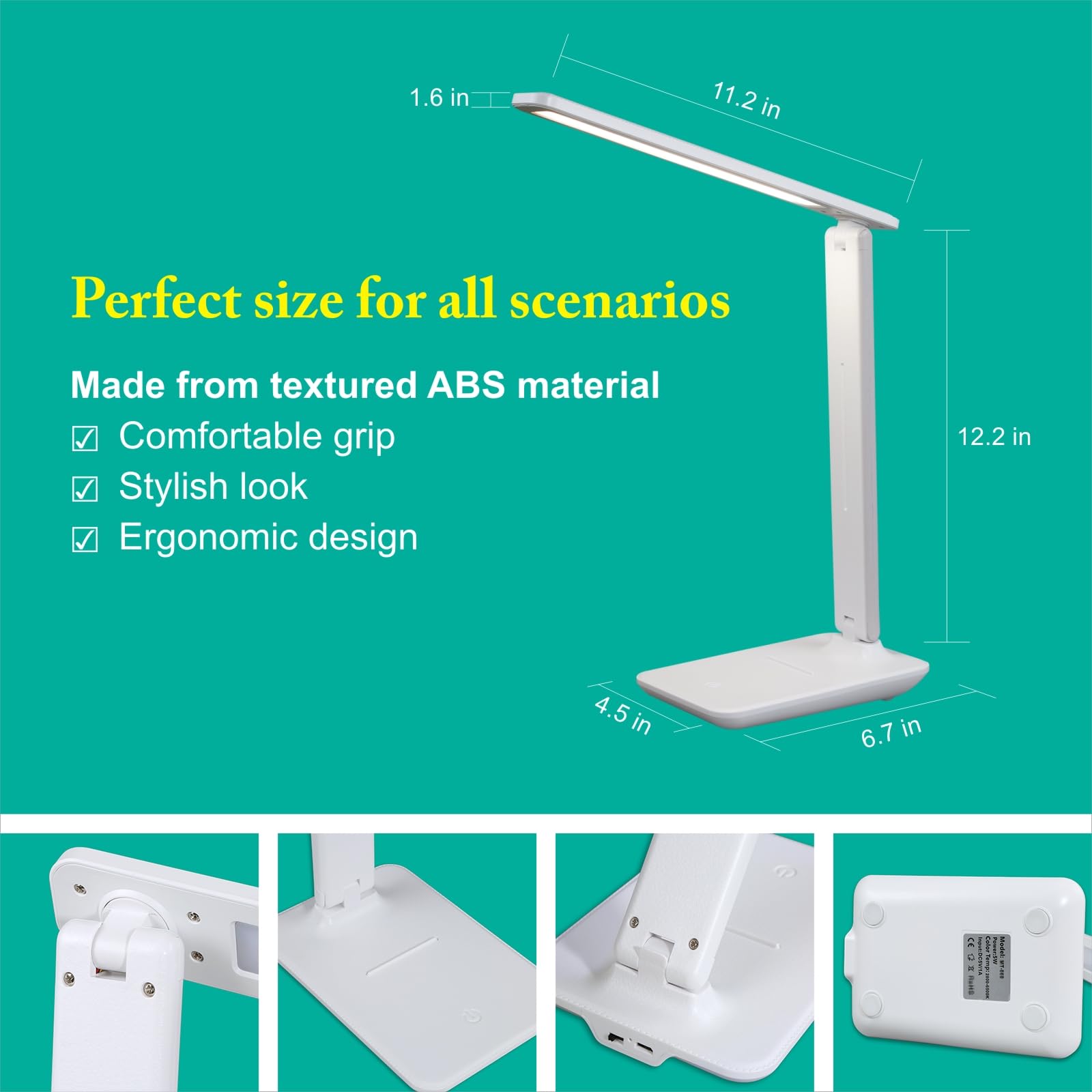 Lámpara de escritorio LED portátil, lámpara de mesa amigable con los ojos para oficina en casa, lámpara de escritorio recargable regulable con 3 modos de color, control táctil, diseño plegable y 3