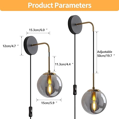 Miniatura 4 de Juego de dos apliques de pared enchufables color negro mate con cable de enchufe e interruptor de encendidoapagado, luces colgantes de pared para