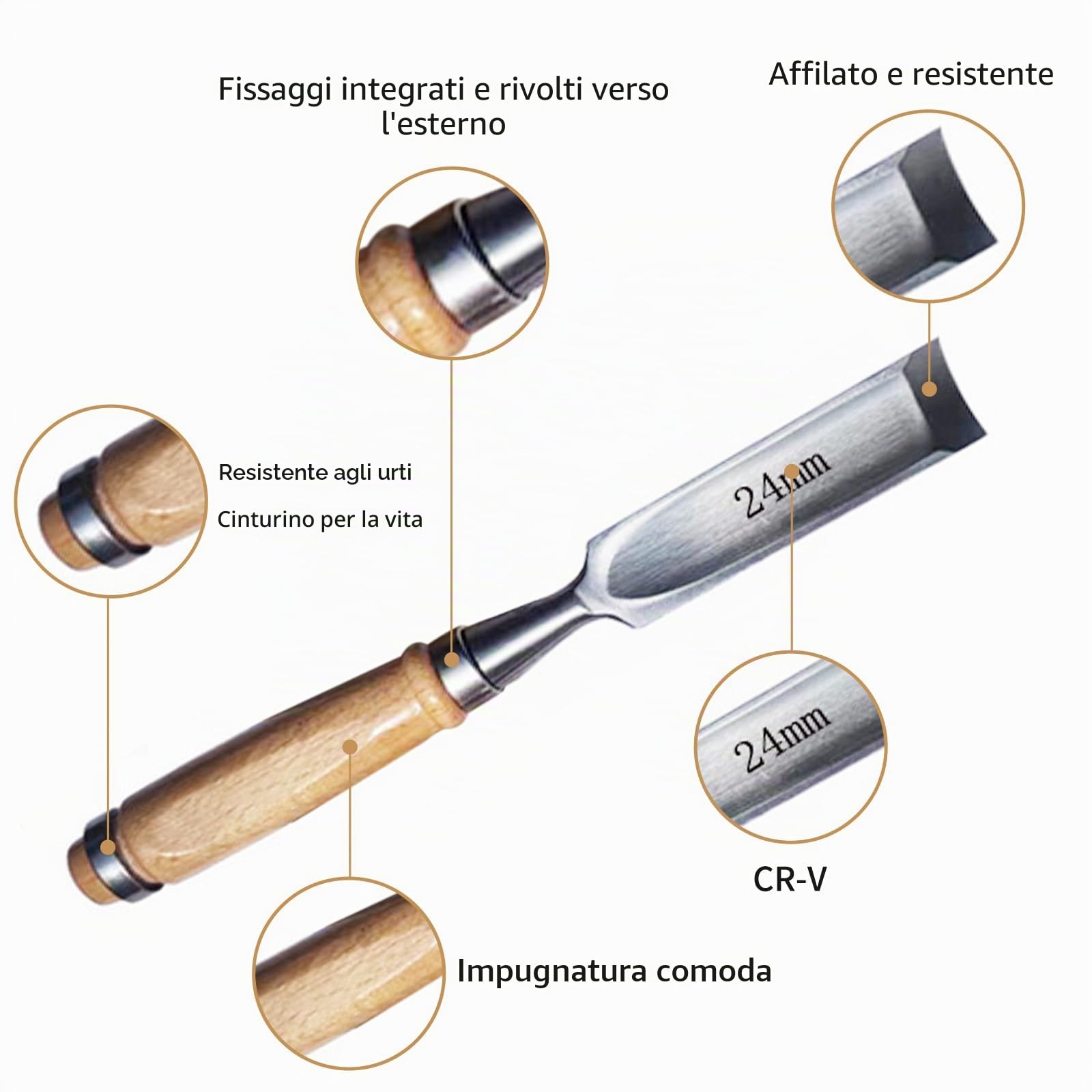 Set di 4 scalpellini per legno, rotondi, curvi, in acciaio CR-V, bordo semicircolare da 8 mm, 12 mm, 18 mm, 24 mm, per lavori manuali (bordo interno)