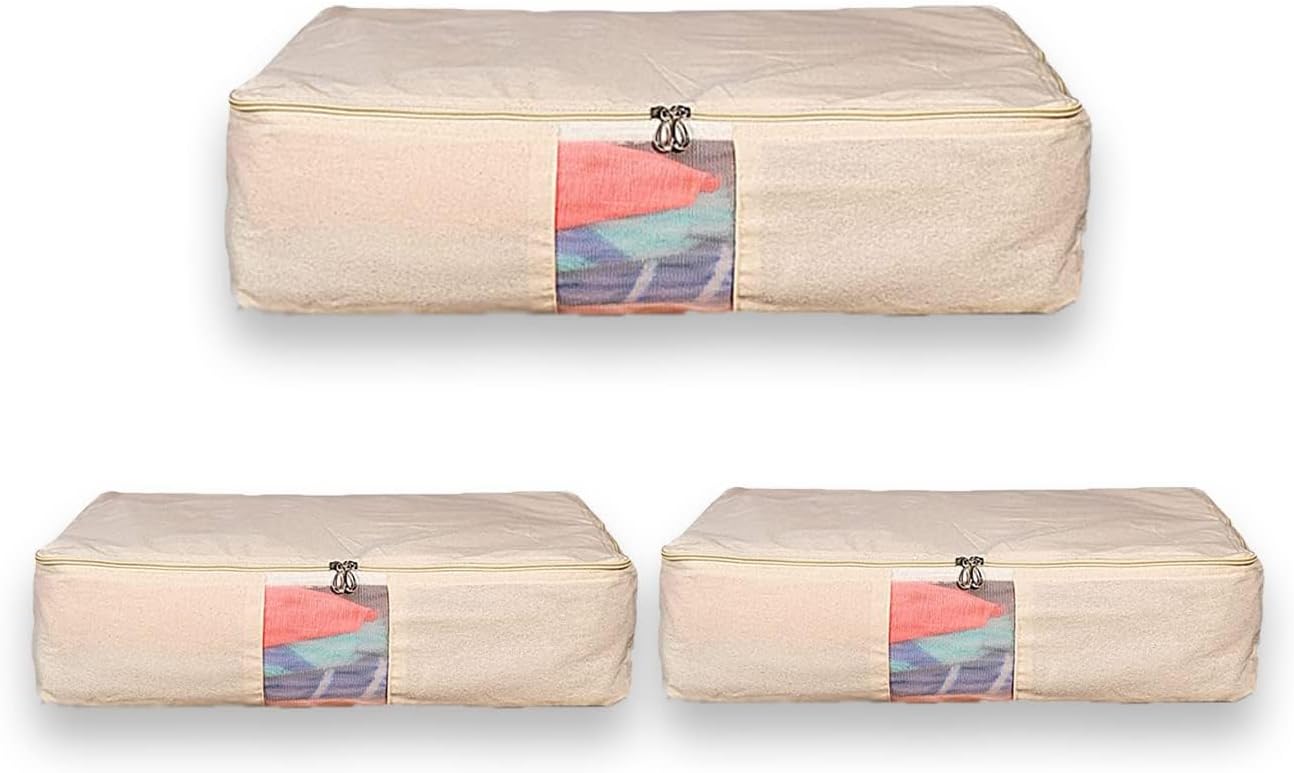 Mayatra's Saree Storage Box Bags with zip and transparent see through - Wardrobe Organizer for Storage - cotton bags for Silk Saree,Big Lehenga,Dresses -Shirts -Trousers,Gown,Quilts (Pack of 15)