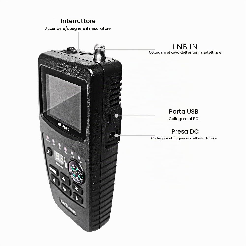 Satlink Sat Finder DVB-S2/S Digitale FTA Rilevatore di Segnale Satellitare Parabola, satellite TV Segnale finder, con Bussola e Torcia Elettrica Funzione [2,1'' Display LCD] - WS-6933