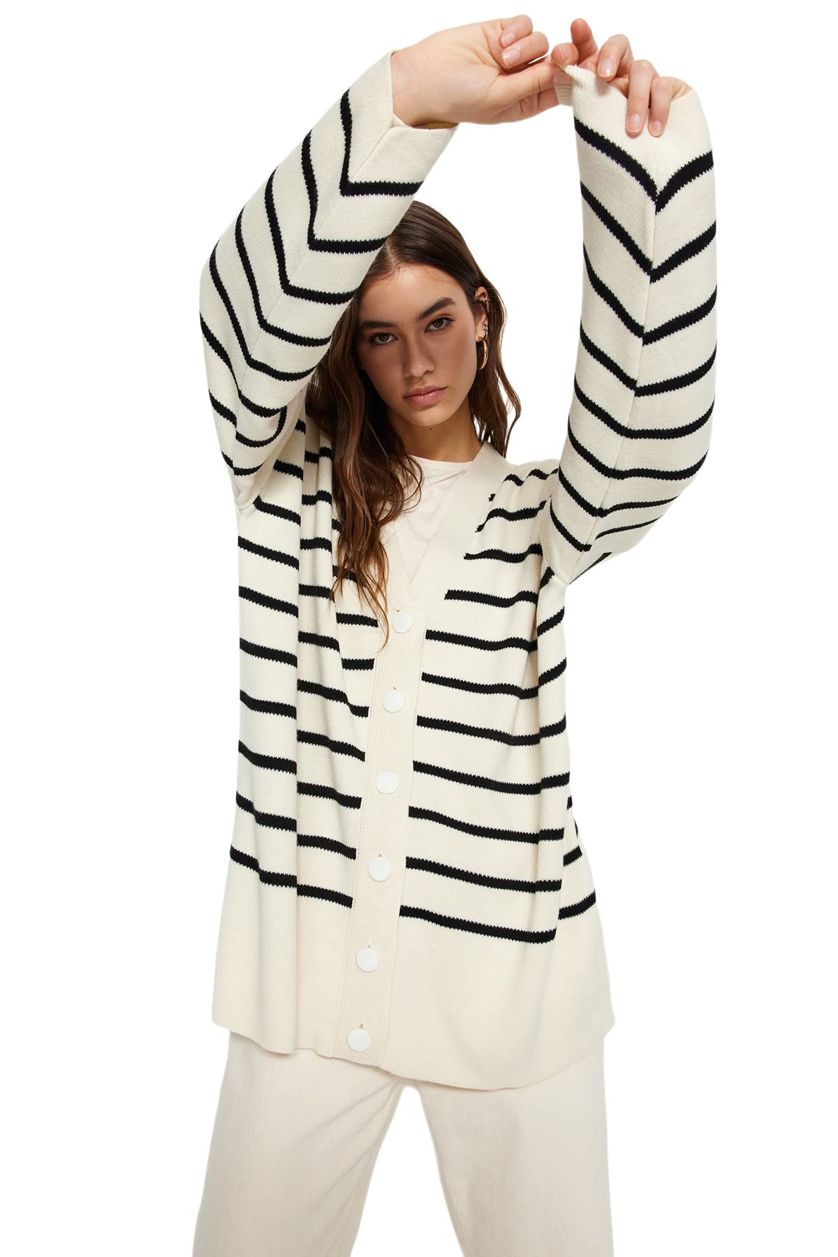 Trendyol Damen Stone Women's Gestreift Lange Ärmel Entspannt Hijab Cardigan Sweater, S