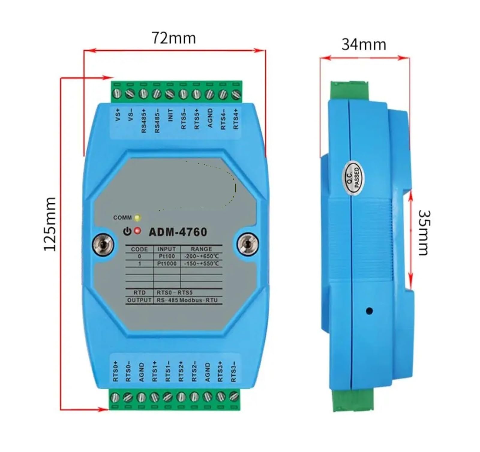 Modulo di acquisizione della temperatura a 6 canali PT1000 a RS485 MODBUS RTU Protocollo ADM-4760